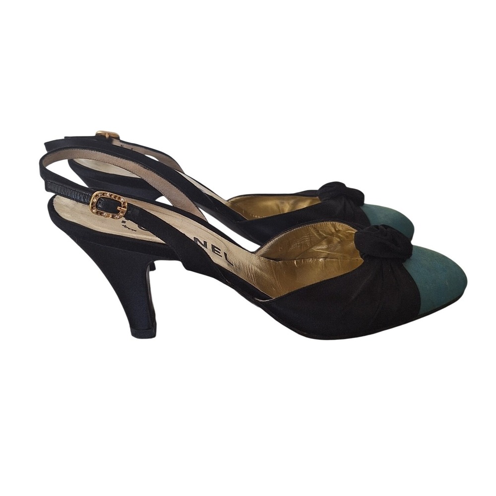 vintage Chanel black green silk leather heel flats size 8,5 A - Picture 3 of 15
